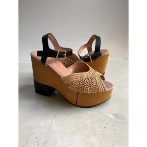 ROBERT CLERGERIE Raffia Leather Platform Wedges Sandals Size 39 / US 9